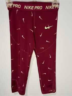 NIKE PRO Girls' Maroon Leggings with Neon Swoosh Accents